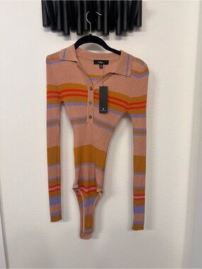 Lulu's Multicolor Striped Rib-Knit Polo Bodysuit in Pink and Mustard
